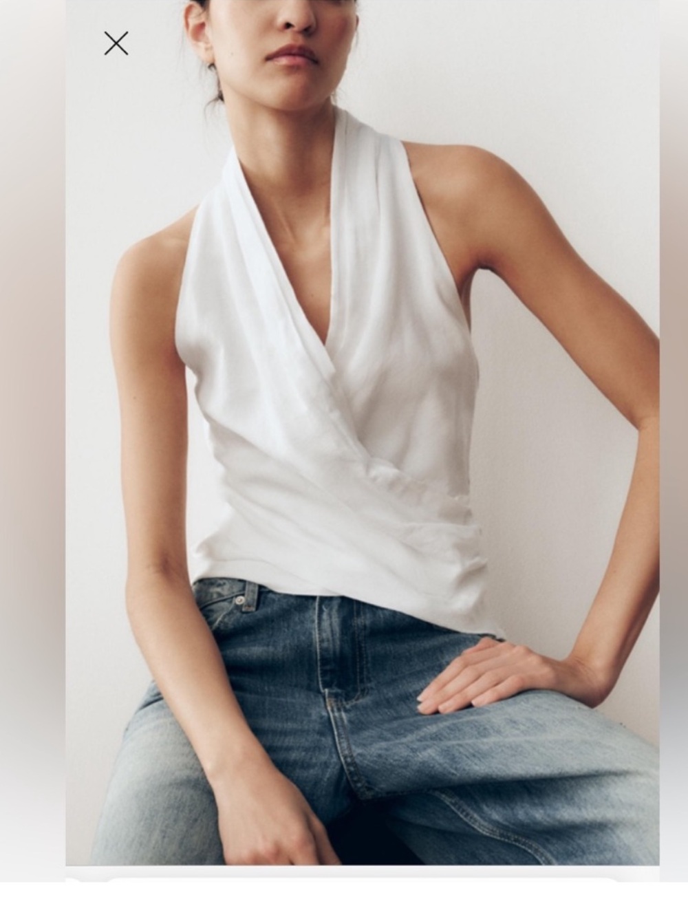 Zara White Draped Halter V-Neck Linen Cotton Top